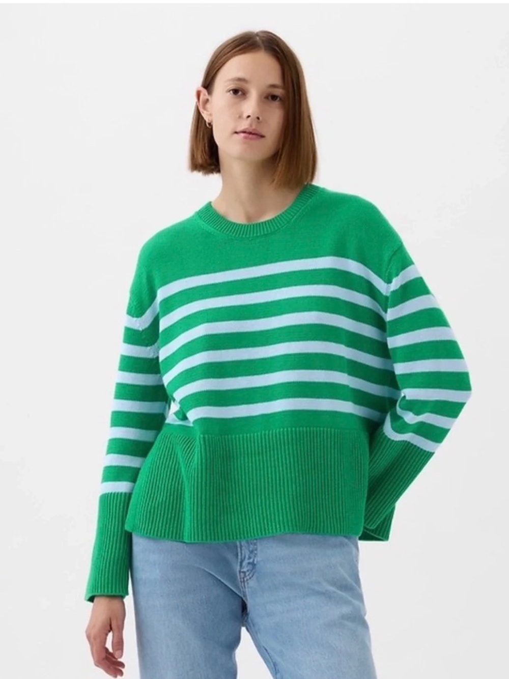 GAP 24/7 Split Hem Striped Cotton Sweater Green Blue M Tall NWOT - Picture 2 of 10